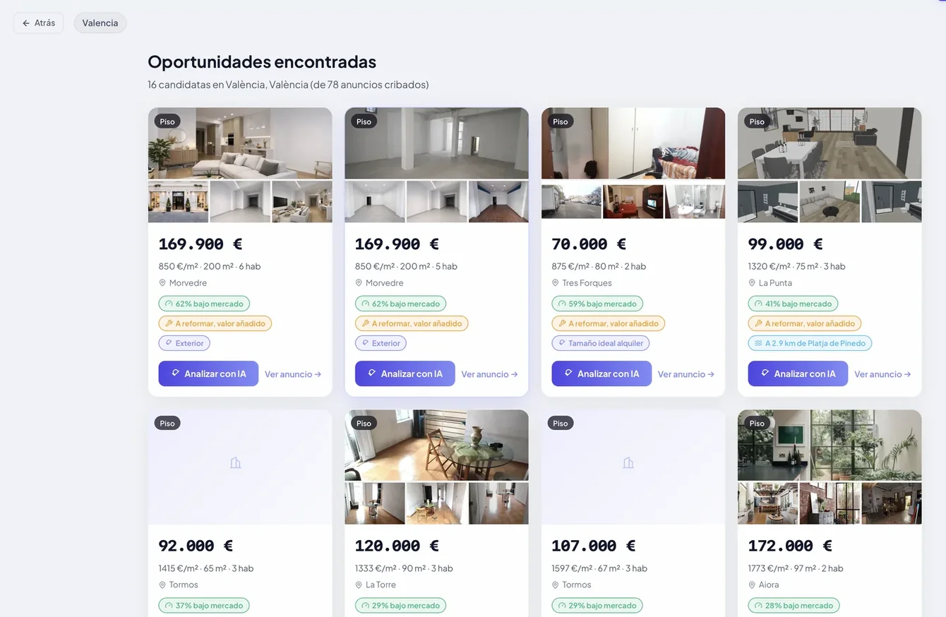 Captura real del buscador de Invisor con oportunidades en Valencia, con señales de cercanía a la playa y porcentaje por debajo de mercado