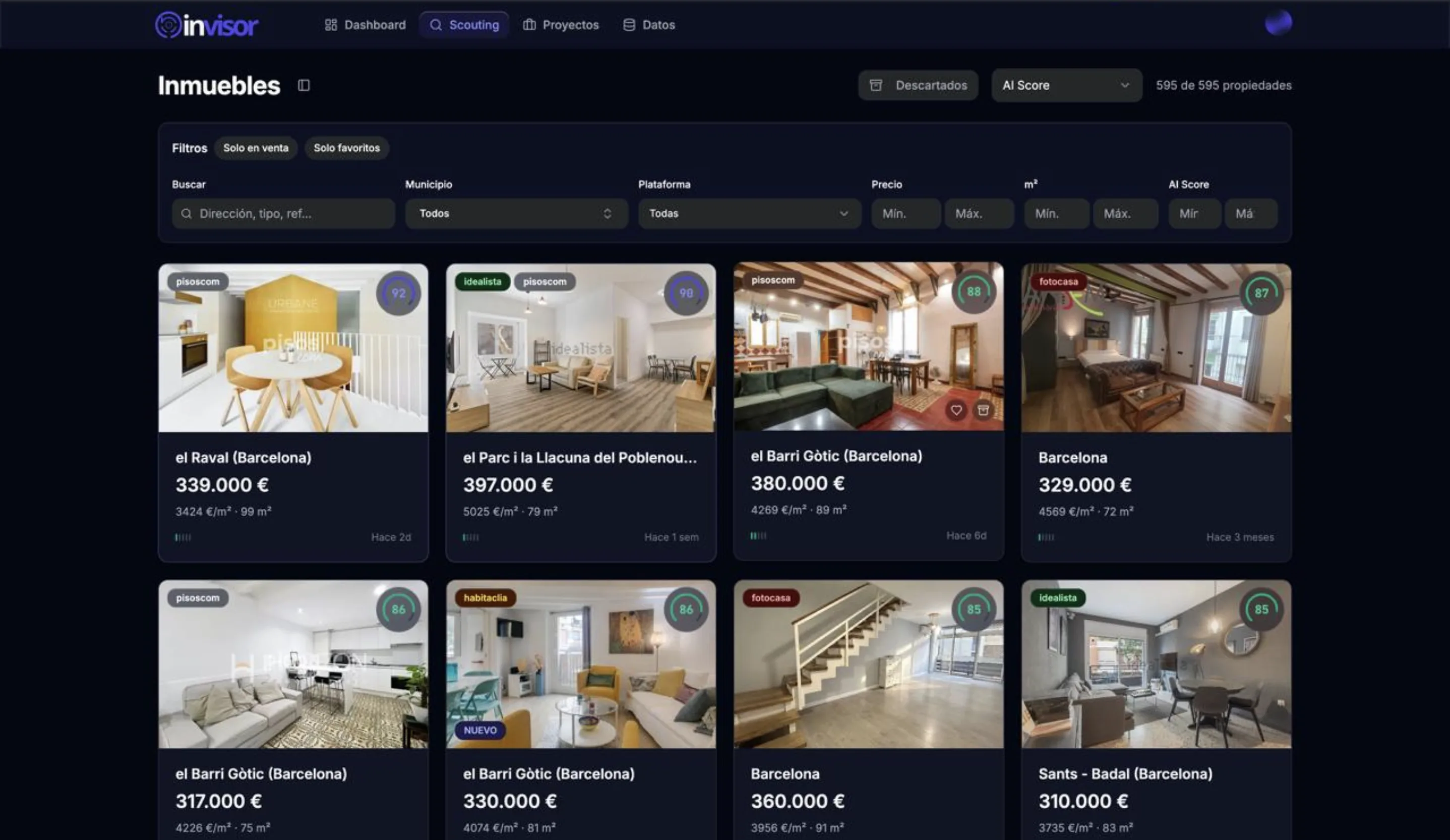 Panel de scouting de Invisor: inmuebles detectados en Barcelona con scoring IA, precio por m² y filtros avanzados